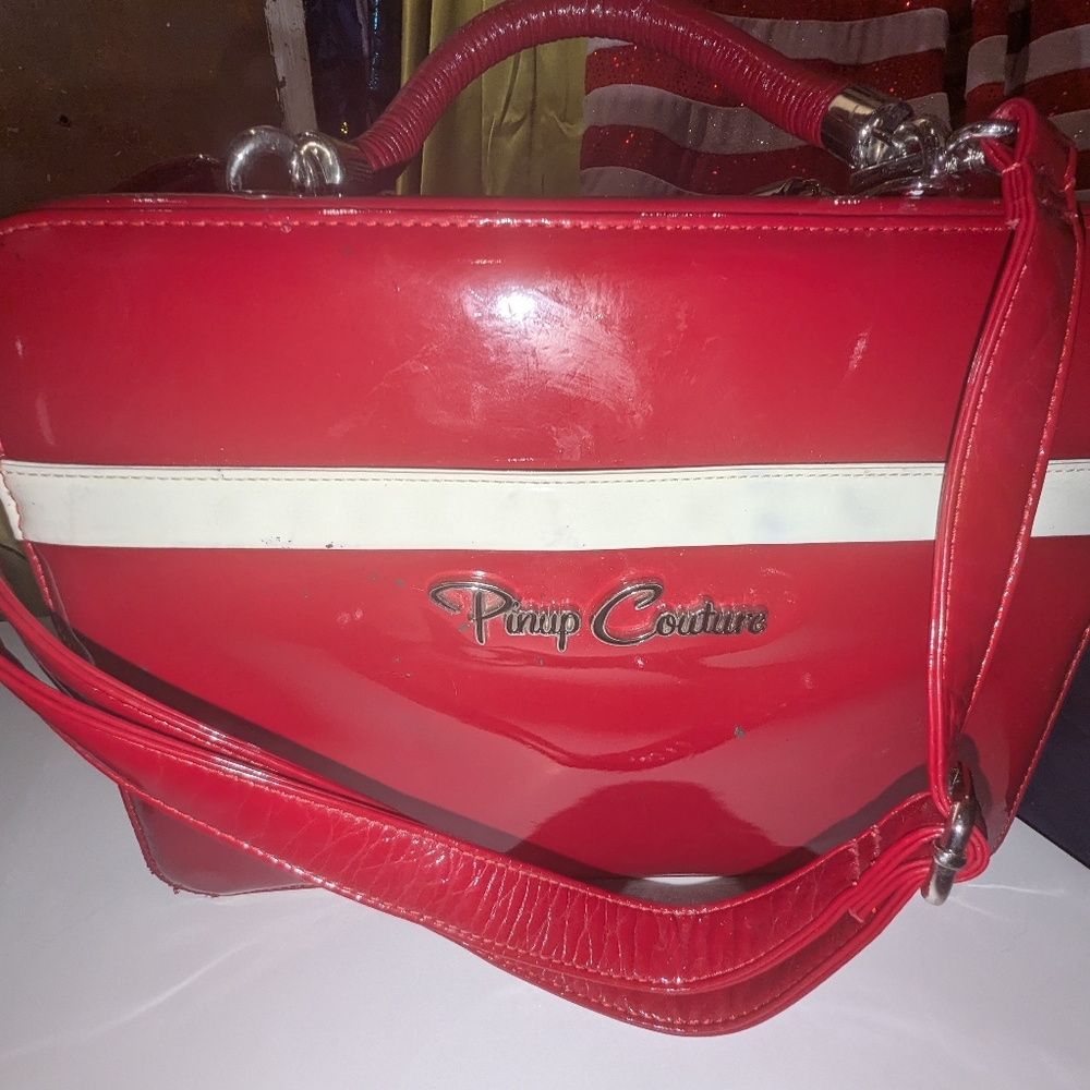 Pinup Girl Clothing Red Patent Crossbody Bag with White Stripe